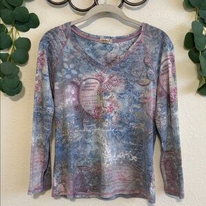 Vintage Y2K Pink and Blue Rhinestone Studded European Graphic Print Top✨